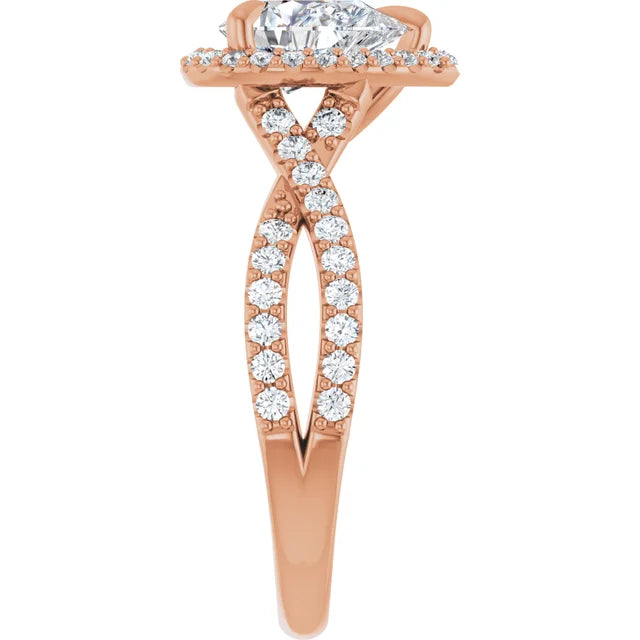 Pear Rose Gold Twist Band Halo Moissanite Engagement Ring