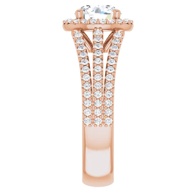Round Brilliant Rose Gold Halo Split Pave Moissanite Engagement Ring