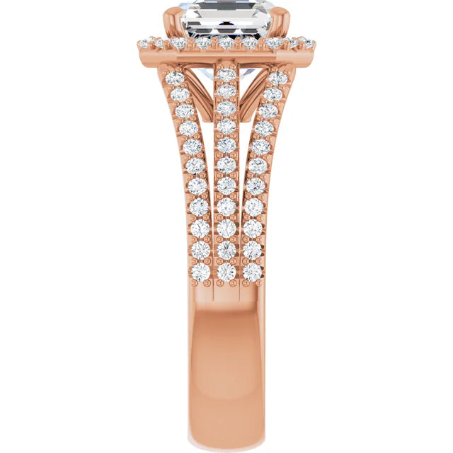 Asscher Rose Gold Halo Split Pave Moissanite Engagement Ring