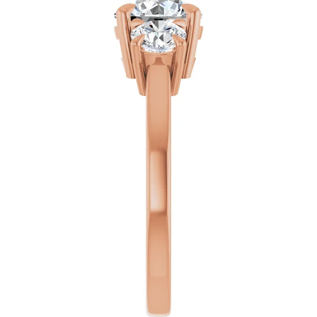 Round Brilliant Rose Gold Tri Stone Moissanite Engagement Ring