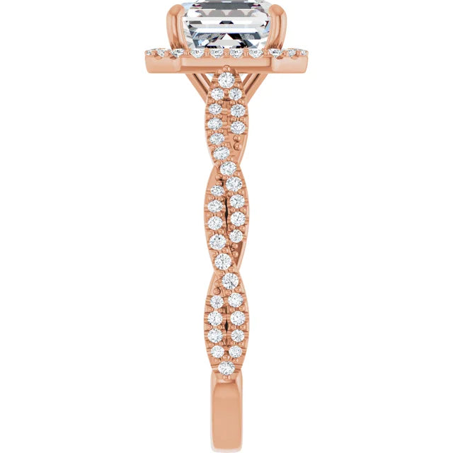 Asscher Rose Gold Halo Twist Pave Moissanite Engagement Ring