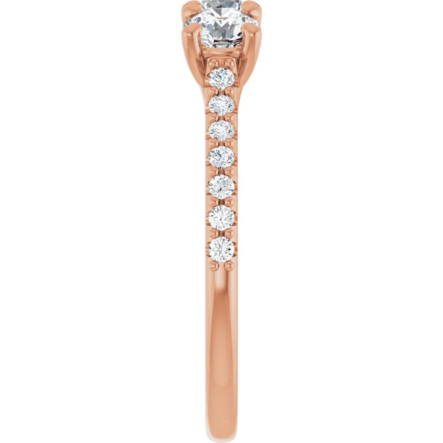 Round Brilliant Rose Gold Tri Stone Moissanite Engagement Ring