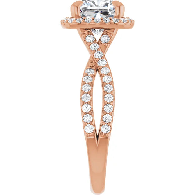 Cushion Rose Gold Twist Band Halo Moissanite Engagement Ring