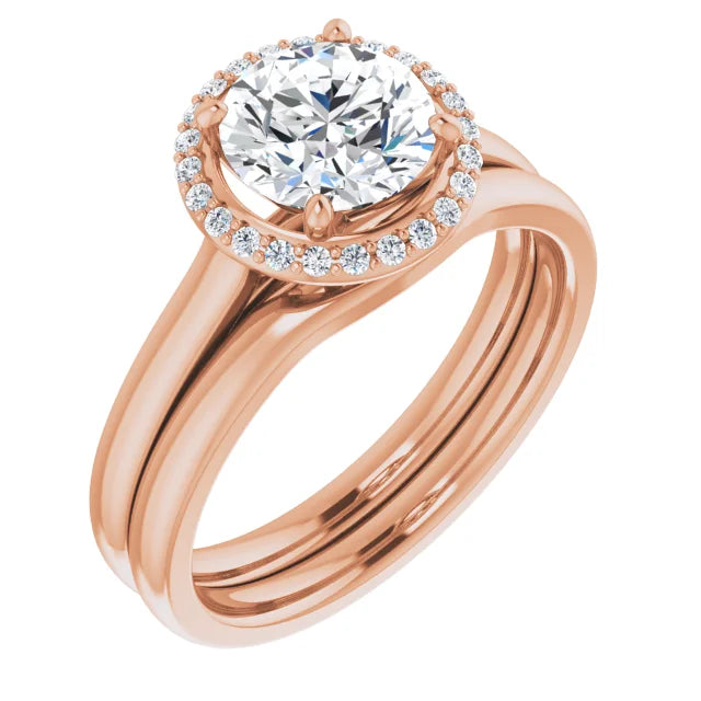 Rose Gold Round Brilliant Halo Solitaire Engagement Ring. With Wedding Ring. Moissanite