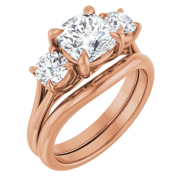 Cushion Rose Gold Tri Stone Moissanite Engagement Ring