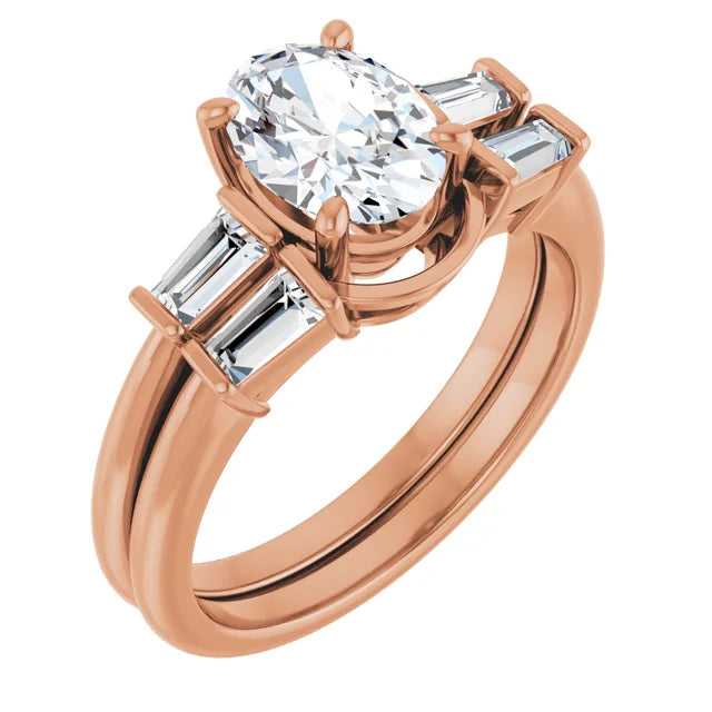 Oval Rose Gold Baguette Accent Moissanite Engagement Ring