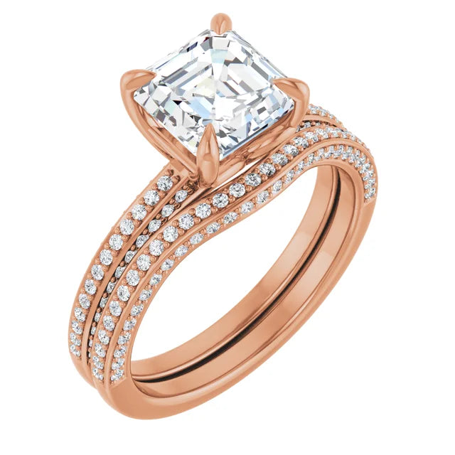 Asscher Rose Gold Pave Moissanite Engagement Ring