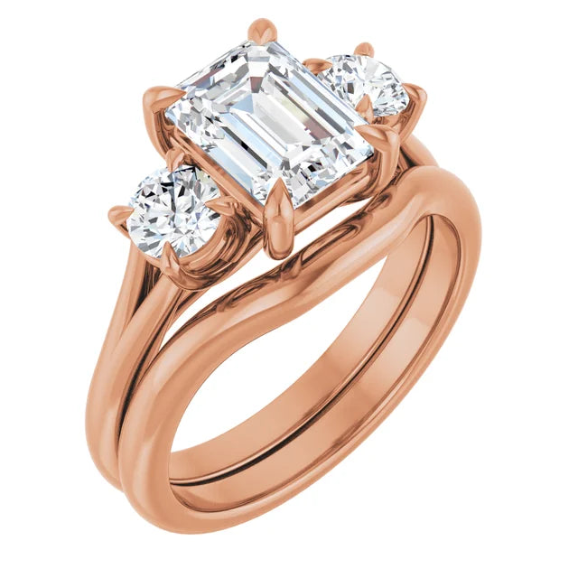 Emerald Rose Gold Tri Stone Moissanite Engagement Ring