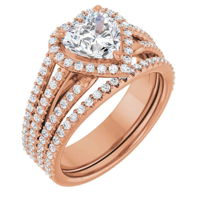 Heart Rose Gold Halo Split Pave Moissanite Engagement Ring