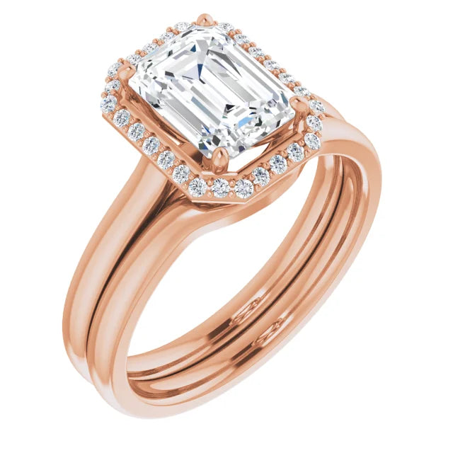 Emerald Halo Solitaire Moissanite Engagement Ring Rose Gold