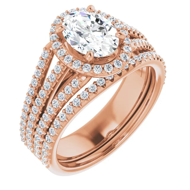 Oval Rose Gold Halo Split Pave Moissanite Engagement Ring