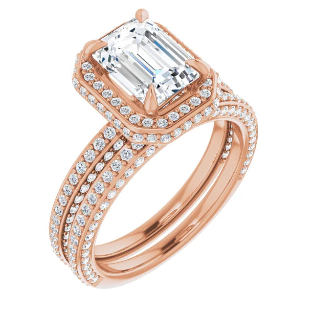Emerald Rose Gold Halo Pave Style Moissanite Engagement Ring