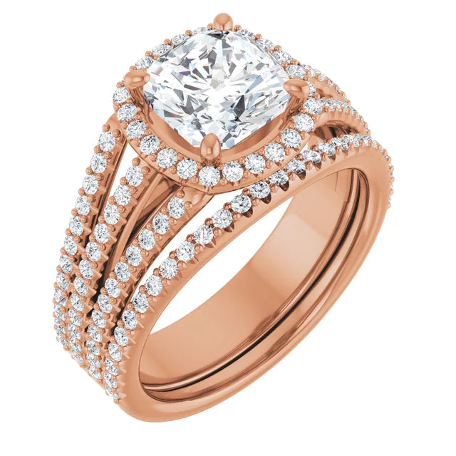 Cushion Rose Gold Halo Split Pave Moissanite Engagement Ring
