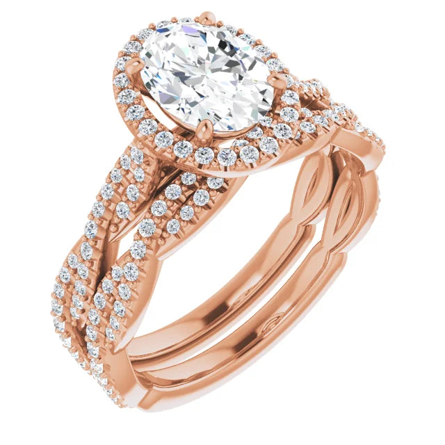 Oval Rose Gold Halo Twist Pave Moissanite Engagement Ring