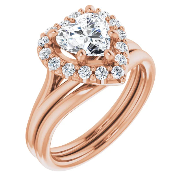 Heart Rose Gold Halo Solitaire Split Band Moissanite Engagement