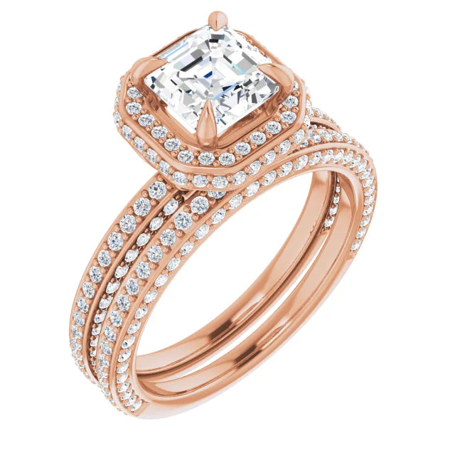 Asscher Rose Gold Halo Pave Style Moissanite Engagement Ring