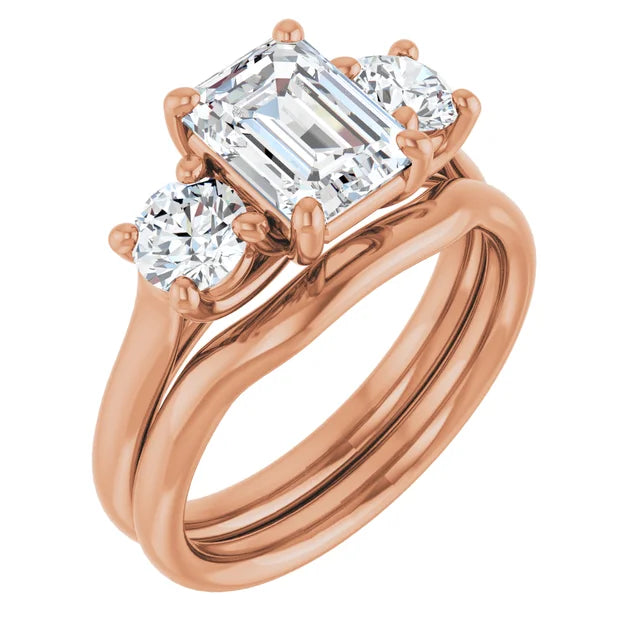 Emerald Rose Gold Tri Stone Moissanite Engagement Ring
