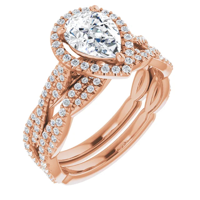 Pear Rose Gold Halo Twist Pave Moissanite Engagement Ring
