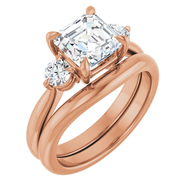 Asscher Rose Gold Tri Stone Moissanite Engagement Ring