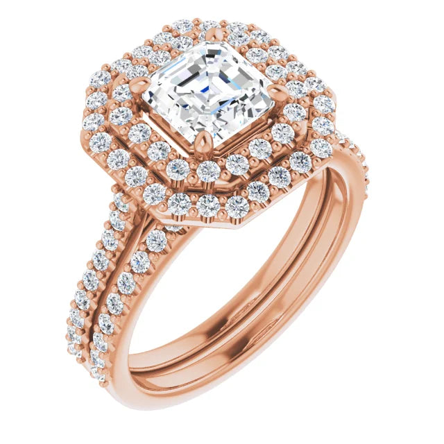 Asscher Double Halo Rose Gold Moissanite Engagement Ring
