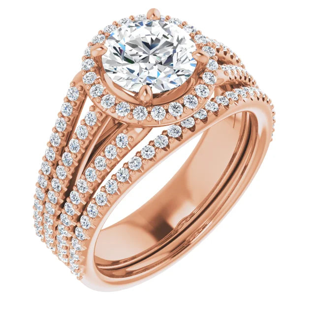 Round Brilliant Rose Gold Halo Split Pave Moissanite Engagement Ring