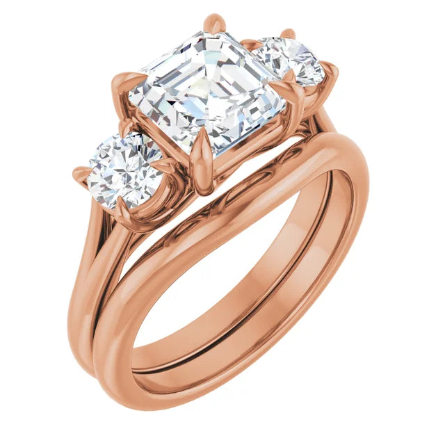 Asscher Rose Gold Tri Stone Moissanite Engagement Ring