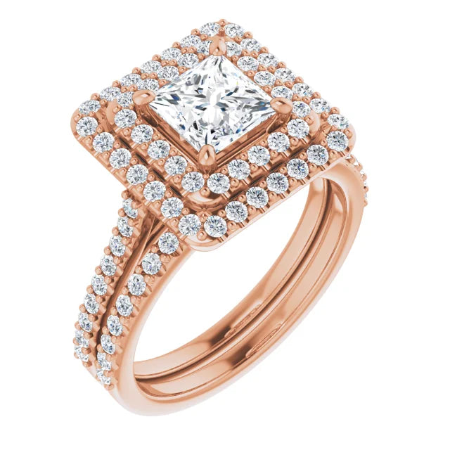 Princess Double Halo Rose Gold Moissanite Engagement Ring
