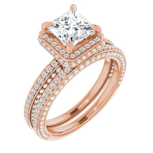 Princess Rose Gold Halo Pave Style Moissanite Engagement Ring