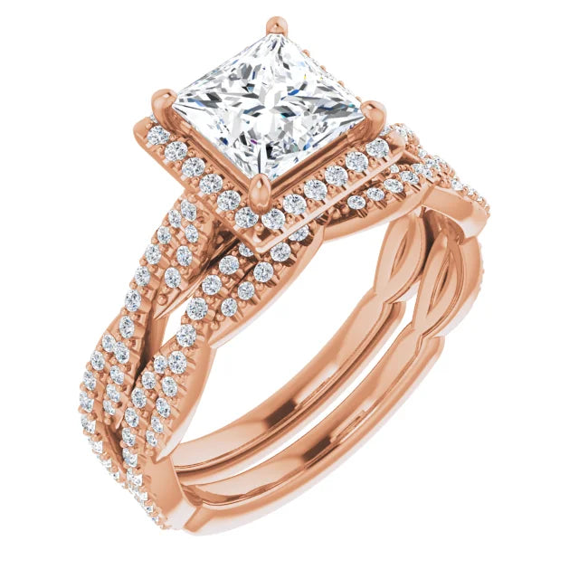 Princess Rose Gold Halo Twist Pave Moissanite Engagement Ring