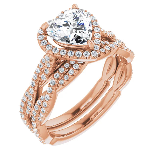 Heart Rose Gold Halo Twist Pave Moissanite Engagement Ring