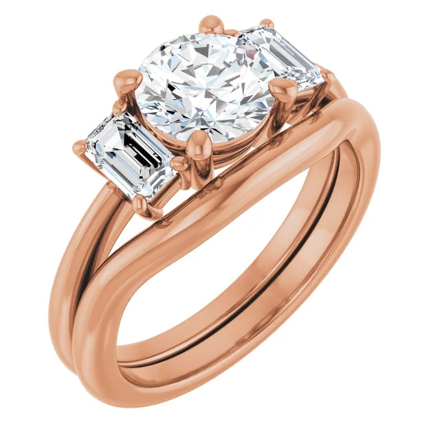 Round Brilliant Rose Gold Tri Stone Moissanite Engagement Ring