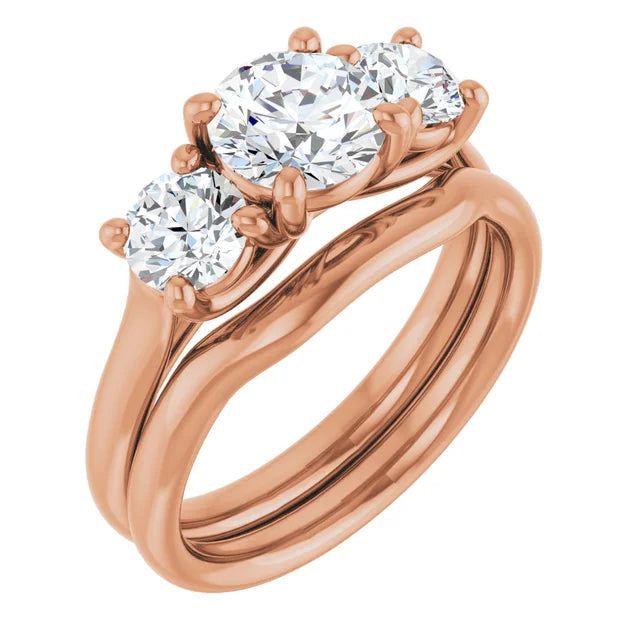 Round Brilliant Rose Gold Tri Stone Moissanite Engagement Ring