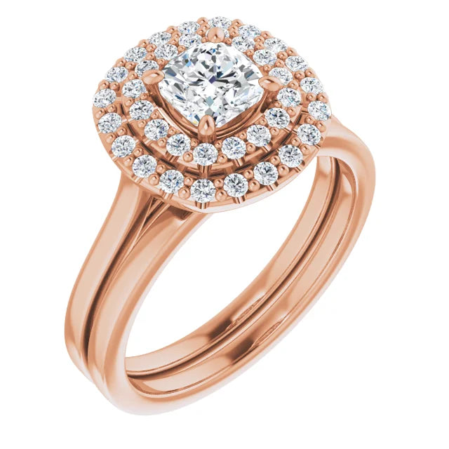Cushion Rose Gold Double Halo Solitaire Moissanite Engagement Ring