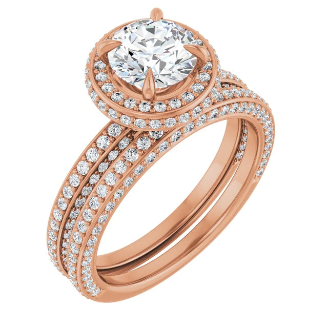 Round Brilliant Rose Gold Halo Pave Style Moissanite Engagement Ring