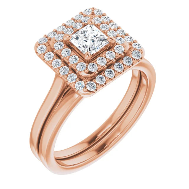 Princess Rose Gold Double Halo Solitaire Moissanite Engagement Ring
