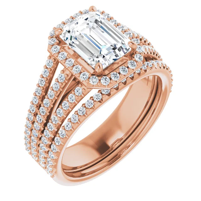 Emerald Rose Gold Halo Split Pave Moissanite Engagement Ring