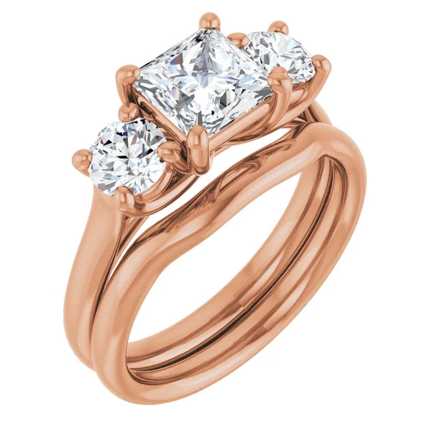 Princess Rose Gold Tri Stone Moissanite Engagement Ring
