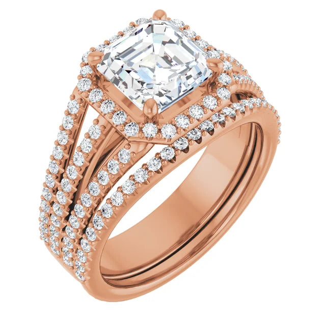 Asscher Rose Gold Halo Split Pave Moissanite Engagement Ring