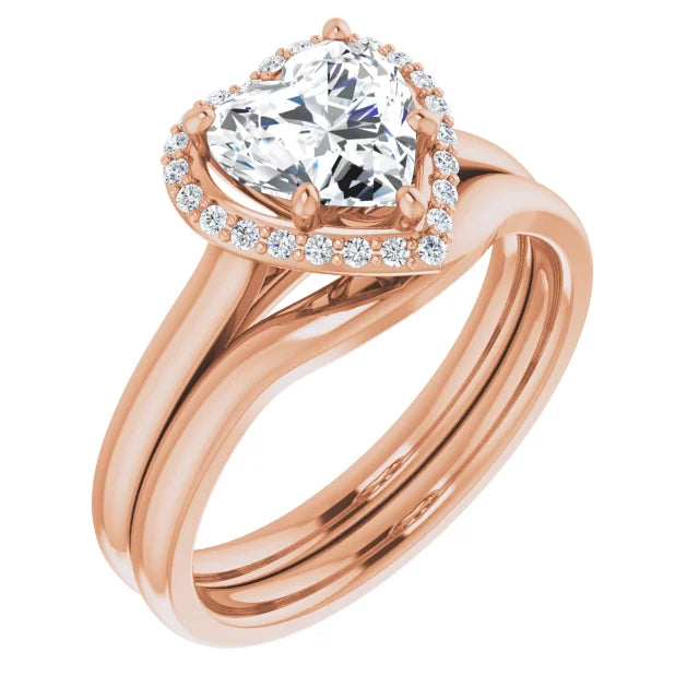 Rose Gold Heart Halo Solitaire Engagement Ring. Moissanite