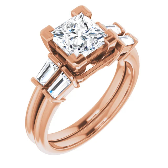 Princess Rose Gold Baguette Accent Moissanite Engagement Ring