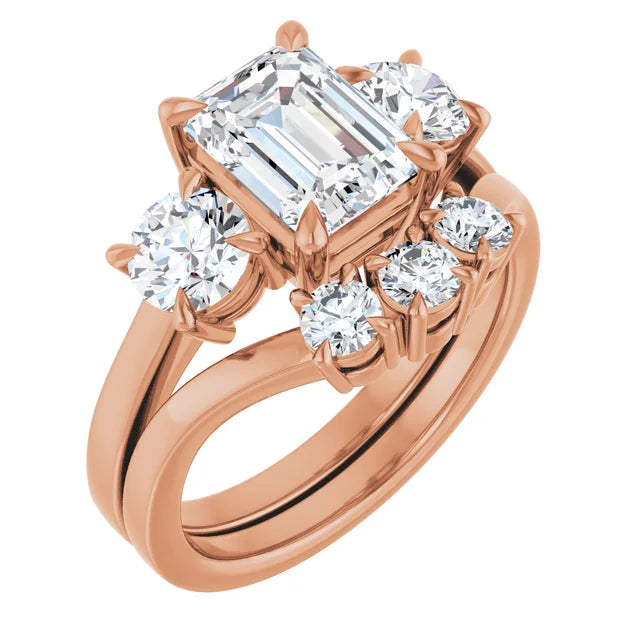 Emerald Rose Gold Tri Stone Moissanite Engagement Ring