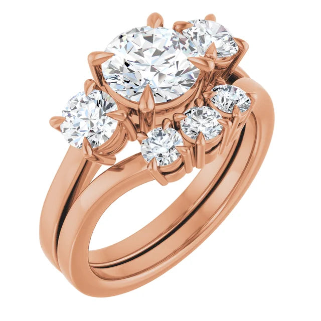 Round Brilliant Rose Gold Tri Stone Moissanite Engagement Ring