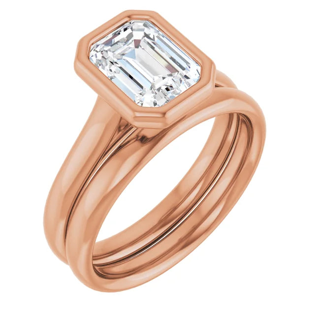 Emerald Rose Gold Solitaire Bezel Moissanite Engagement Ring
