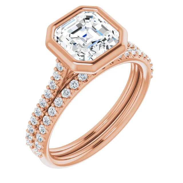 Asscher Rose Gold Bezel Pave Moissanite Engagement Ring