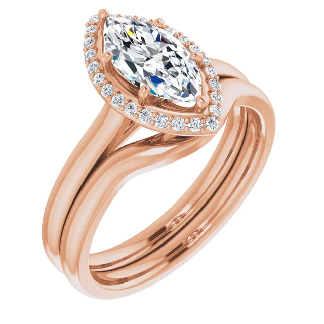 Rose Gold Marquise Halo Solitaire Engagement Ring. Moissanite