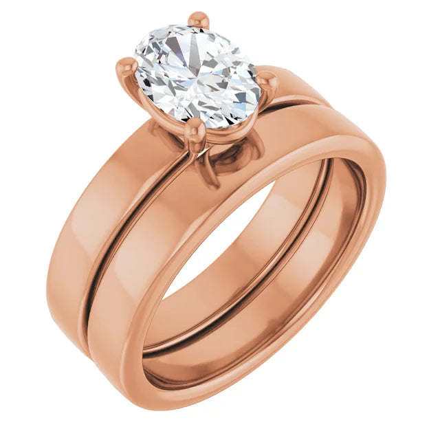 Oval Rose Gold Wide Band Solitaire Moissanite Engagement Ring