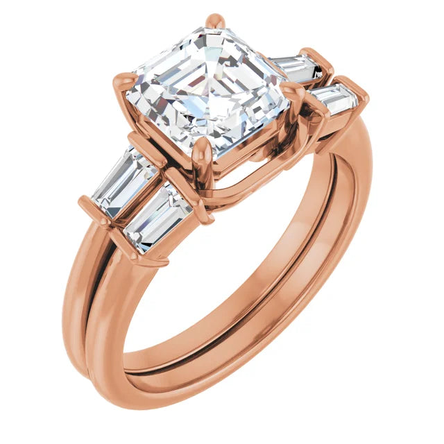 Asscher Rose Gold Baguette Accent Moissanite Engagement Ring