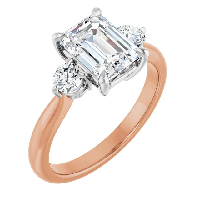 Emerald White & Rose Gold Tri Stone Moissanite Engagement Ring