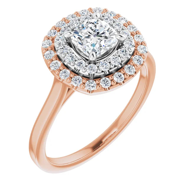 Cushion White & Rose Gold Double Halo Solitaire Moissanite Engagement Ring
