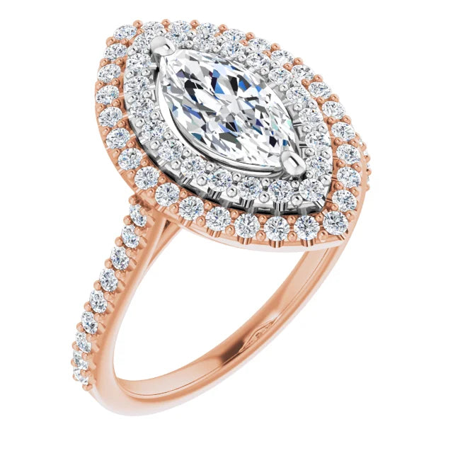 Marquise Double Halo White & Rose Gold Moissanite Engagement Ring